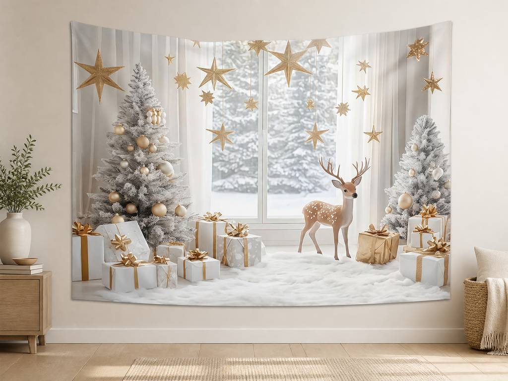 Minimal White Gold Christmas Window Backdrop application scene 2