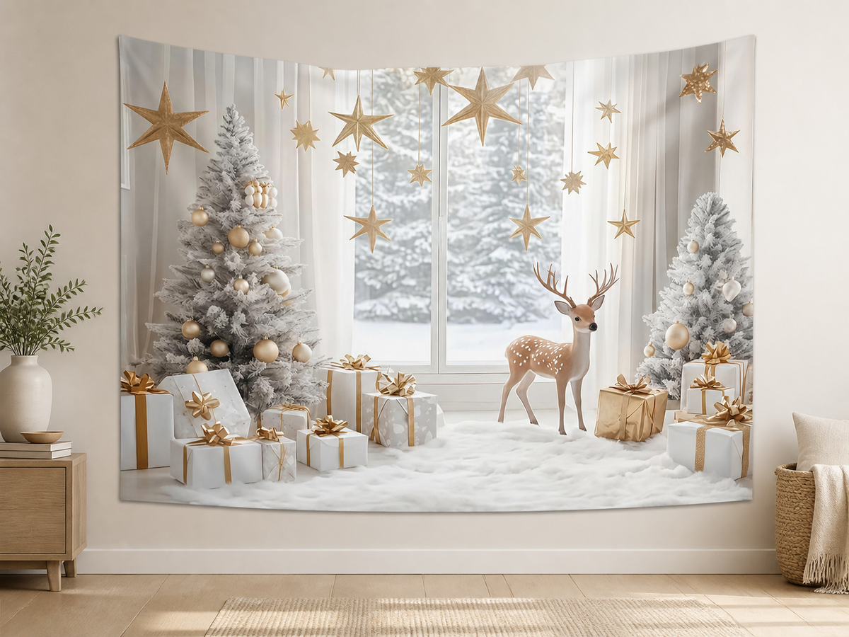 Minimal White Gold Christmas Window Backdrop application scene 2