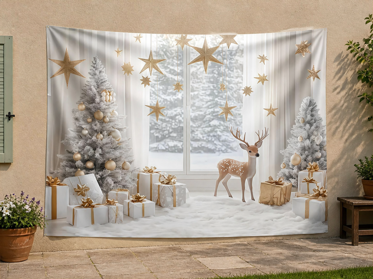 Minimal White Gold Christmas Window Backdrop application scene 3