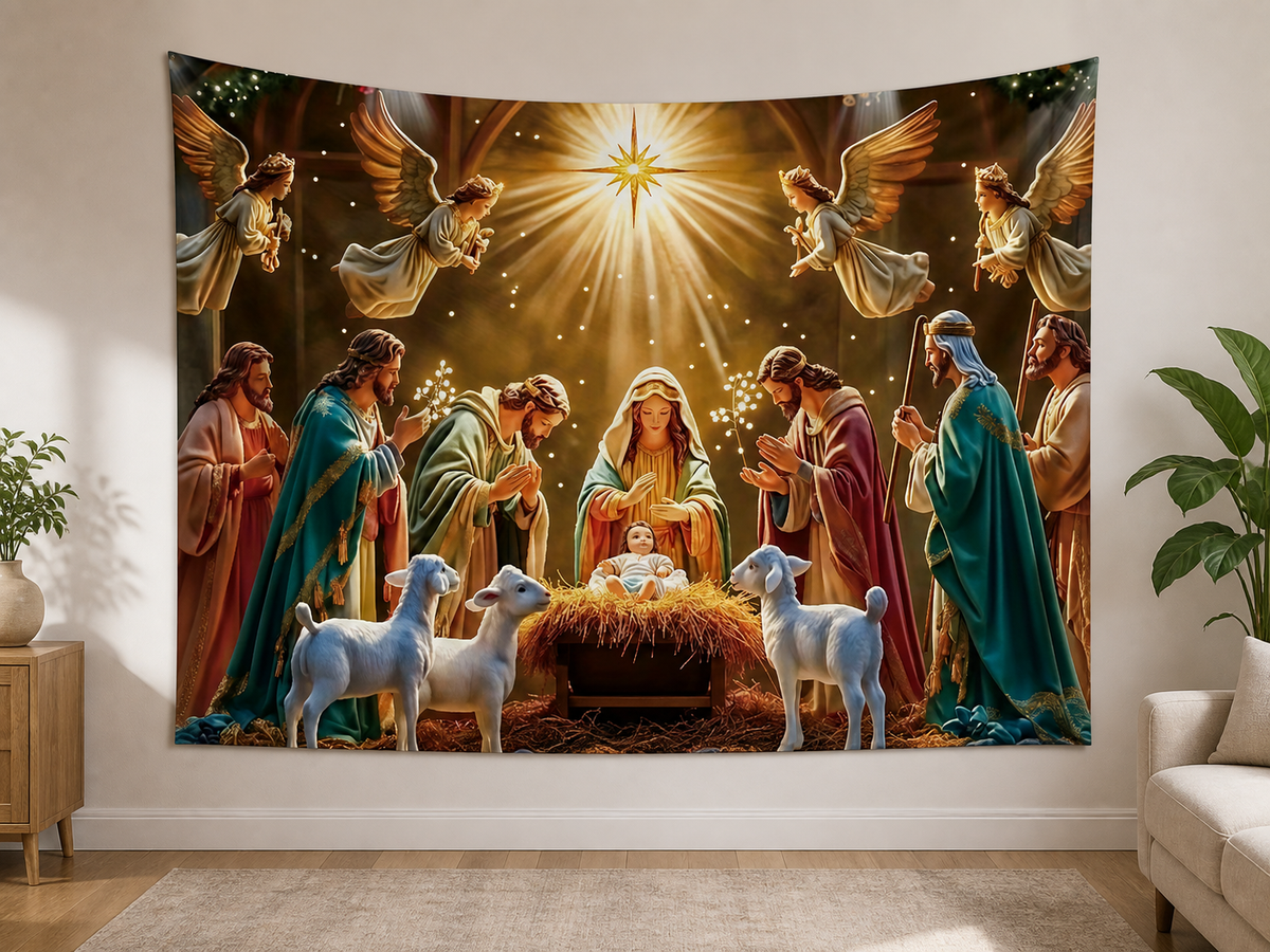 Angels and Lambs Nativity Backdrop indoor application scene