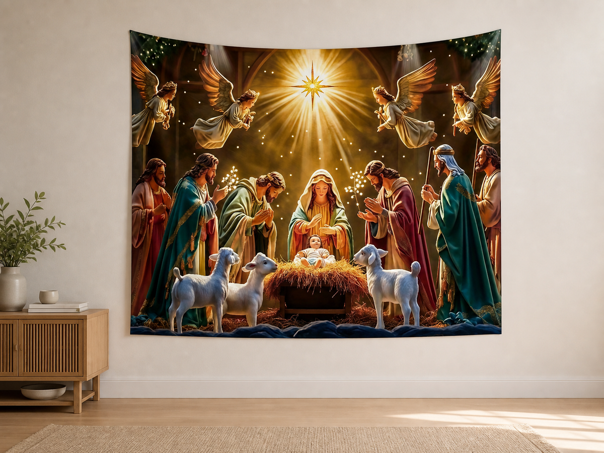 Angels and Lambs Nativity Backdrop indoor application scene