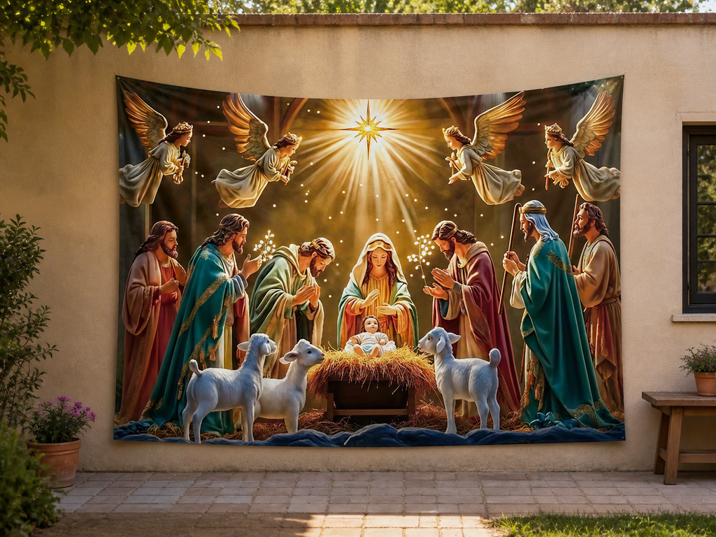 Angels and Lambs Nativity Backdrop garden application scene
