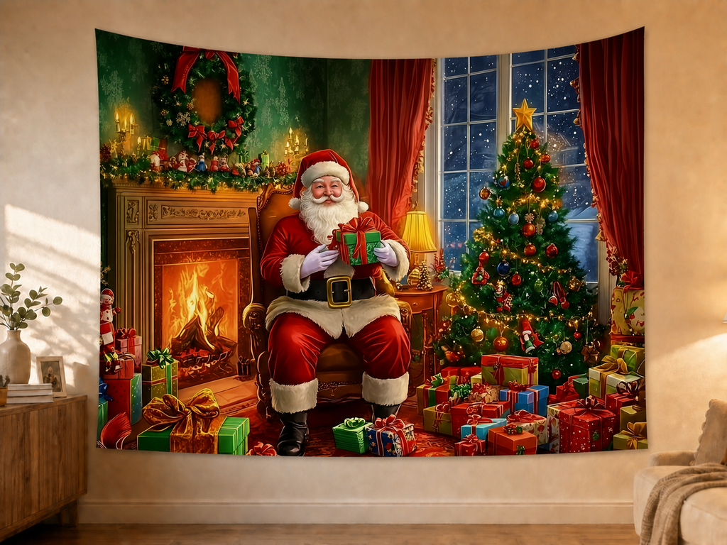 Santa Christmas Fireplace Backdrop displayed on a lightweight polyester backdrop