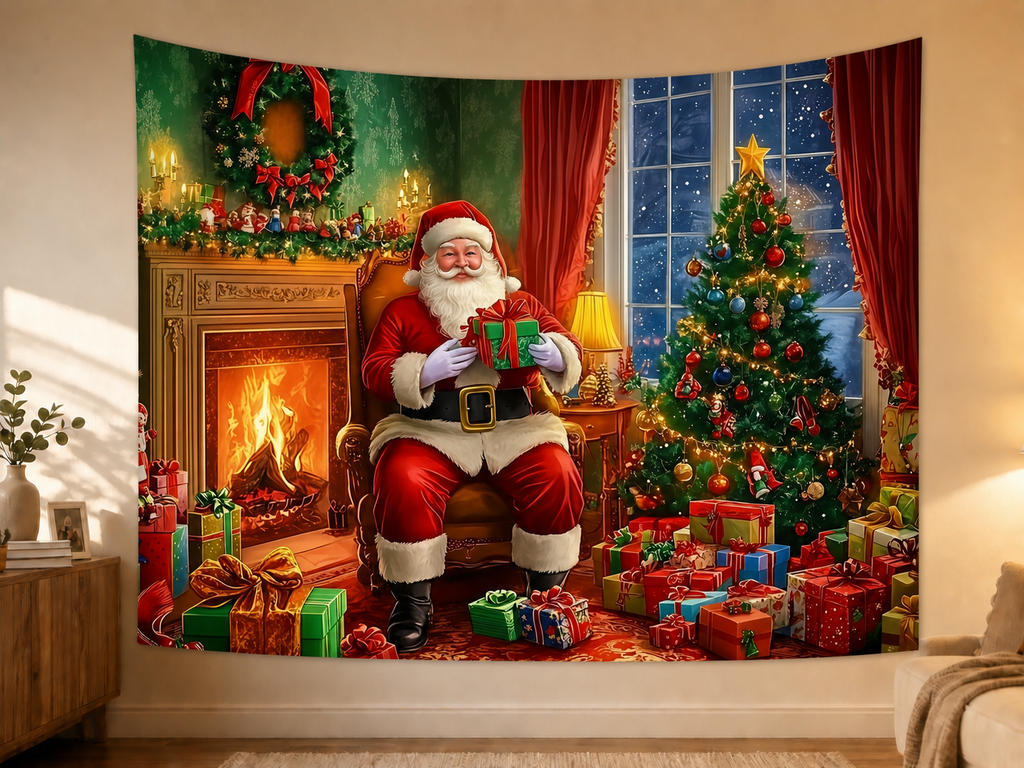 Santa Christmas Fireplace Backdrop in a realistic home wall setting