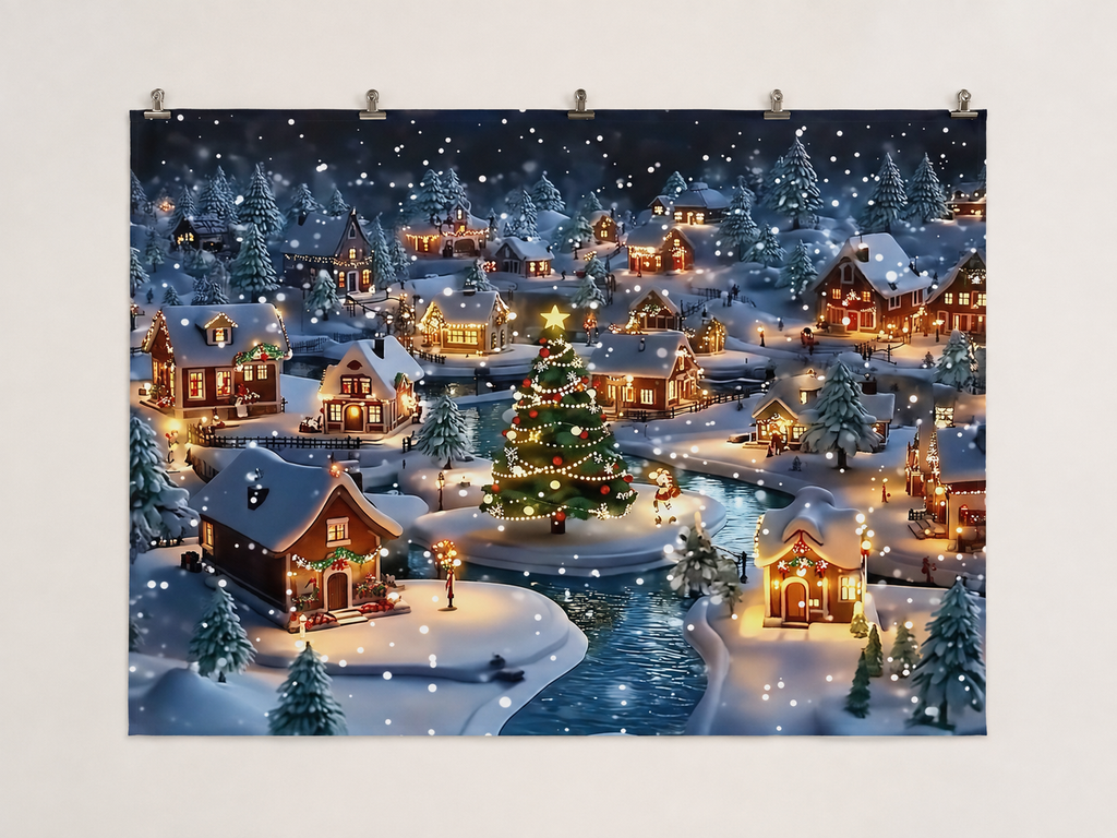 Snowy Christmas Village and Tree Printed Backdrop — complete flat printed design; accessories not included