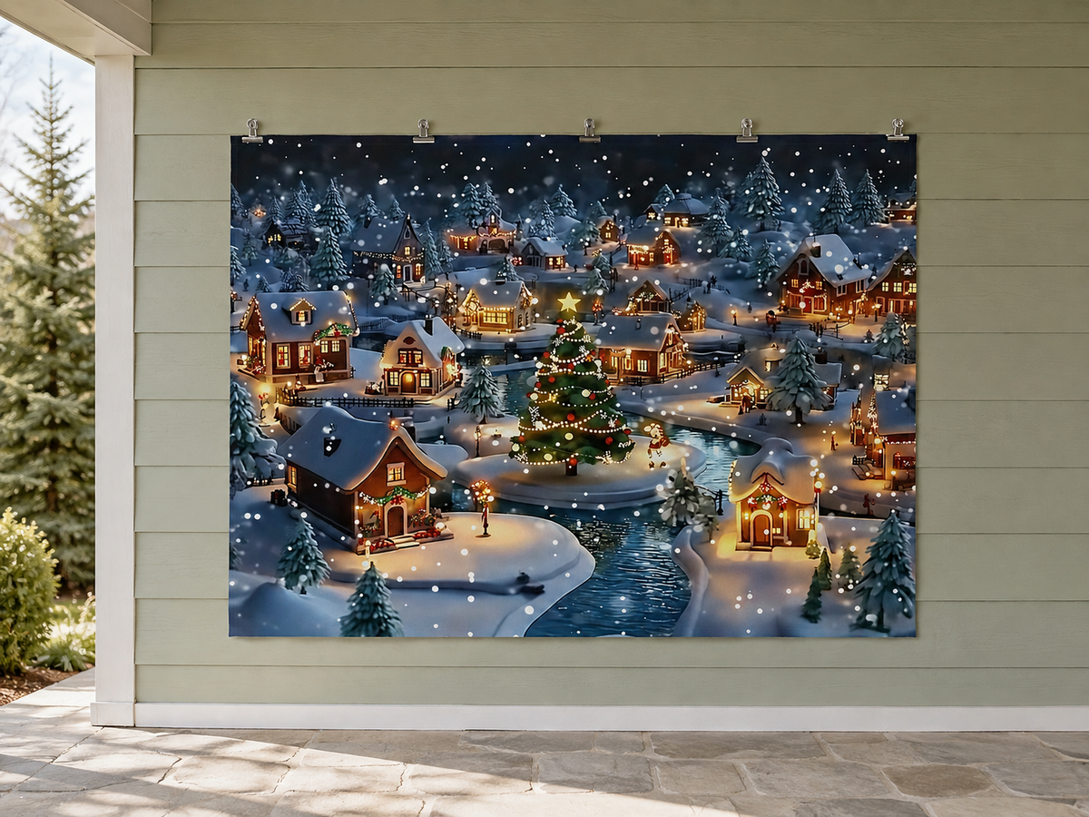 Snowy Christmas Village and Tree Printed Backdrop — temporary dry outdoor wall-clip display; accessories not included