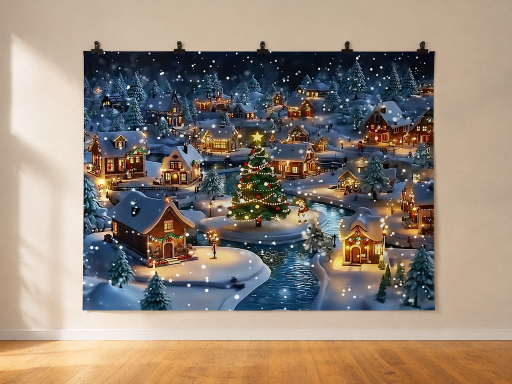Snowy Christmas Village and Tree Printed Backdrop — indoor wall-clip display; accessories not included