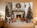 White Christmas Fireplace Backdrop displayed on a lightweight polyester backdrop