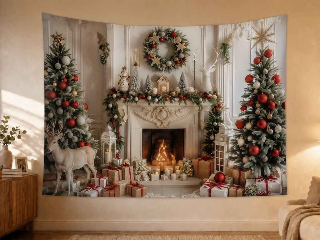 White Christmas Fireplace Backdrop in a realistic home wall setting
