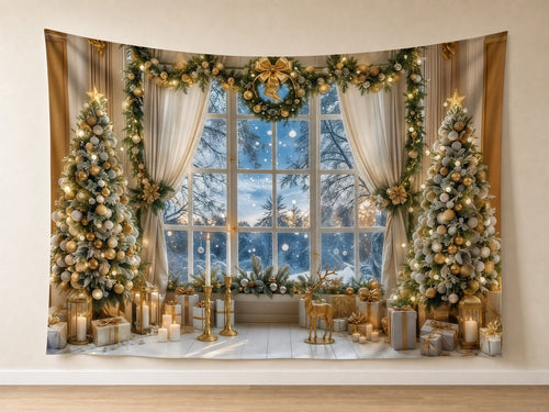 Christmas Tree Window Photography Backdrop displayed on a home wall