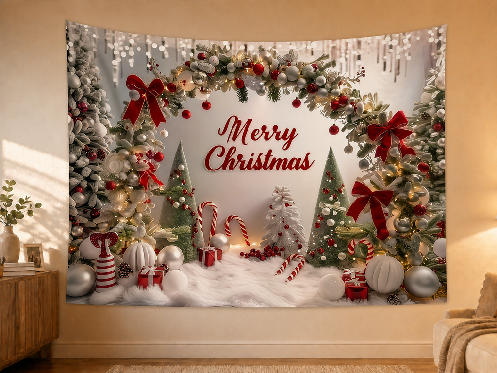 Candy Cane Christmas Arch Backdrop in a realistic home wall setting