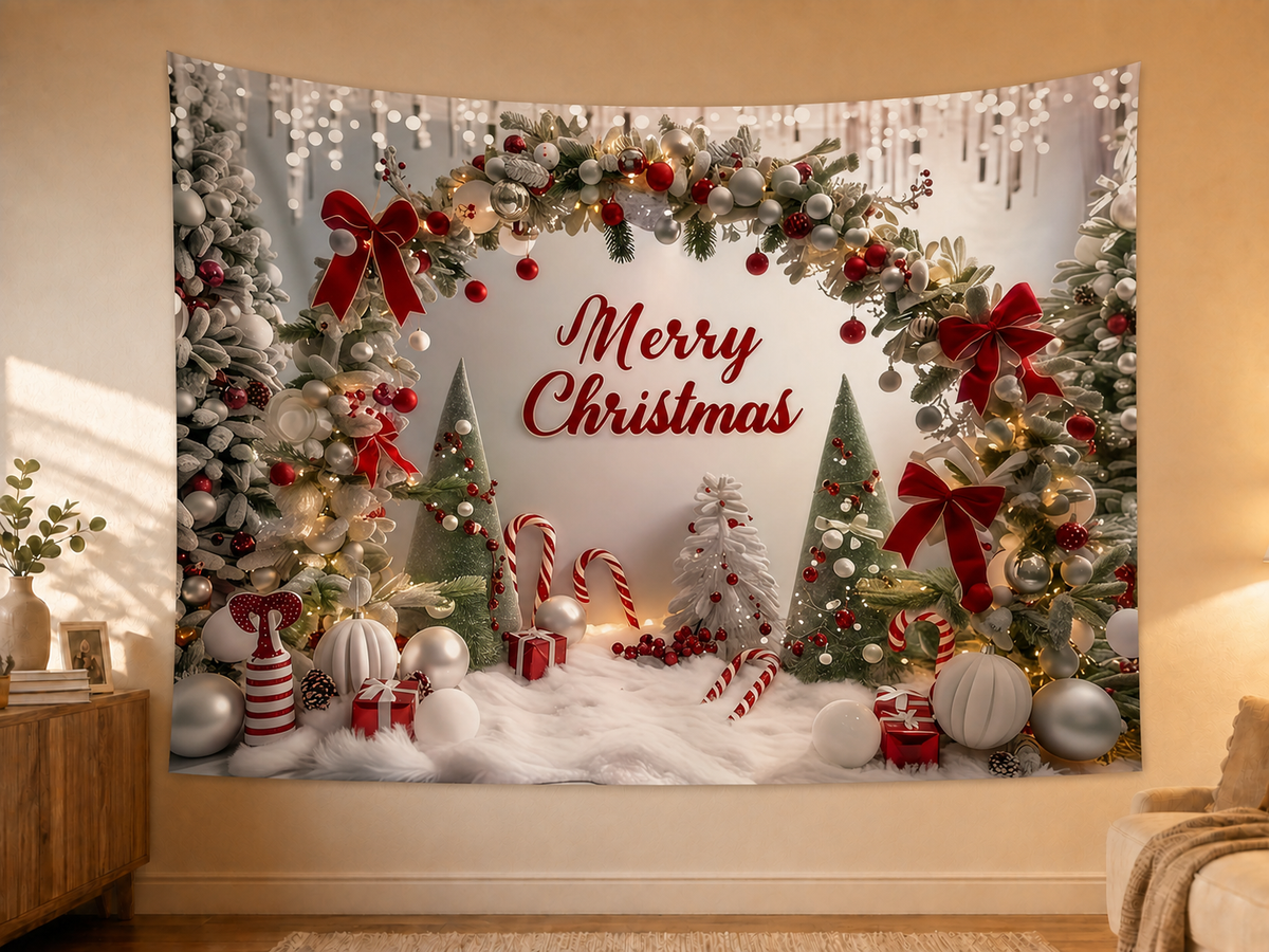 Candy Cane Christmas Arch Backdrop in a realistic home wall setting