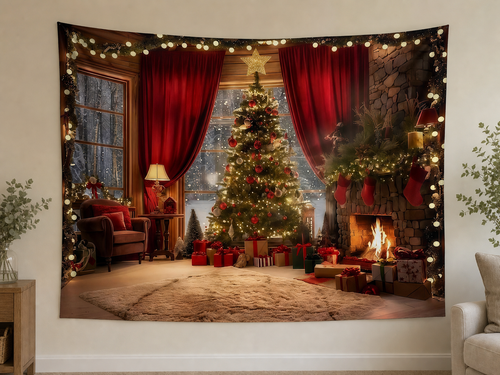 Cozy Christmas Fireplace Photography Backdrop displayed on a home wall