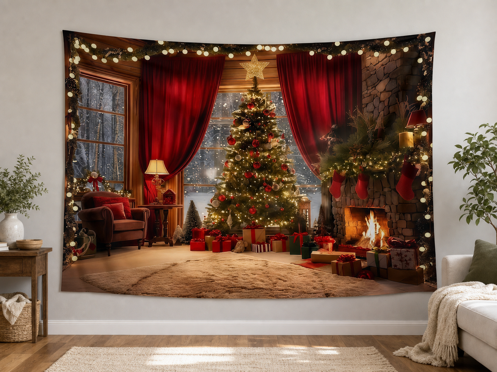 Cozy Christmas Fireplace Photography Backdrop in a realistic home setting