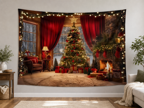Cozy Christmas Fireplace Photography Backdrop in a realistic home setting
