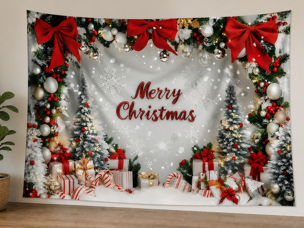Merry Christmas Snowy Tree Backdrop shown as a hanging polyester backdrop