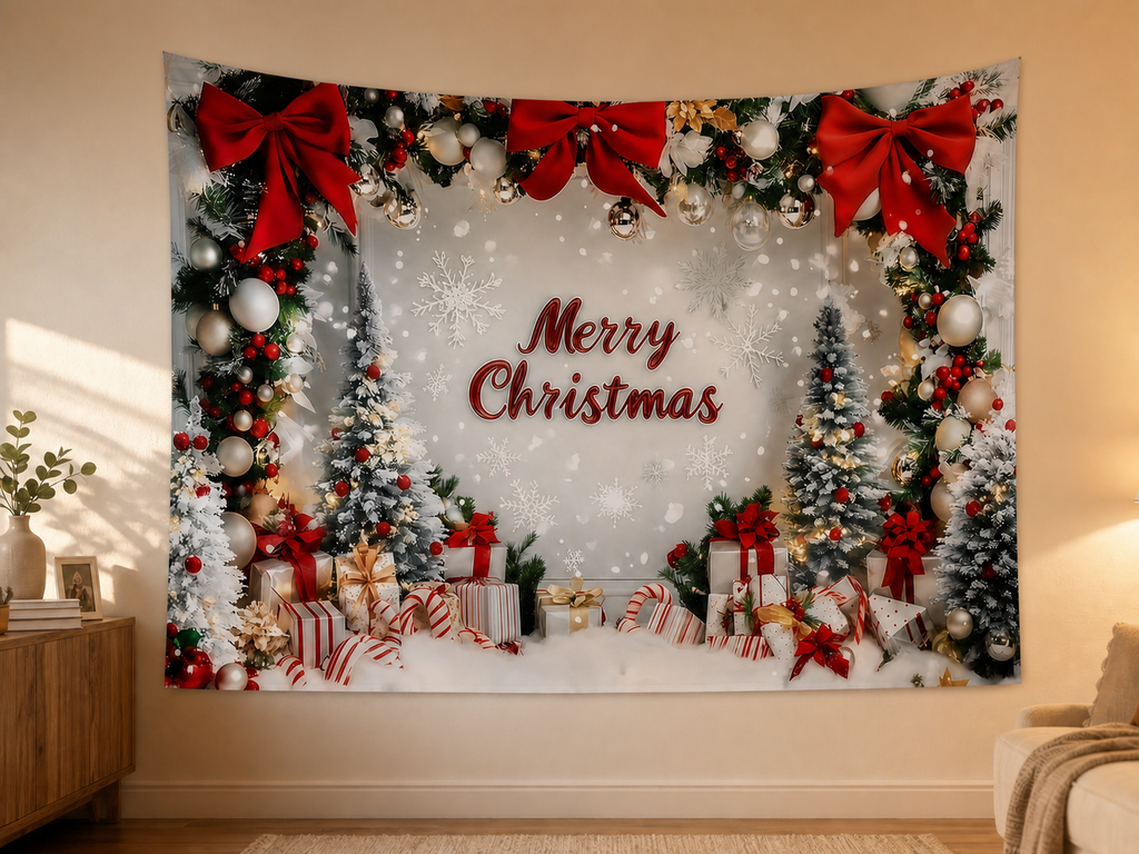 Merry Christmas Snowy Tree Backdrop shown in an alternate home setting