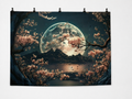 Moonlit Cherry Blossom Landscape printed polyester backdrop, shown at244 x183cm with straight-cut unhemmed edges and wall clips. Flat printed scenery; accessories not included.