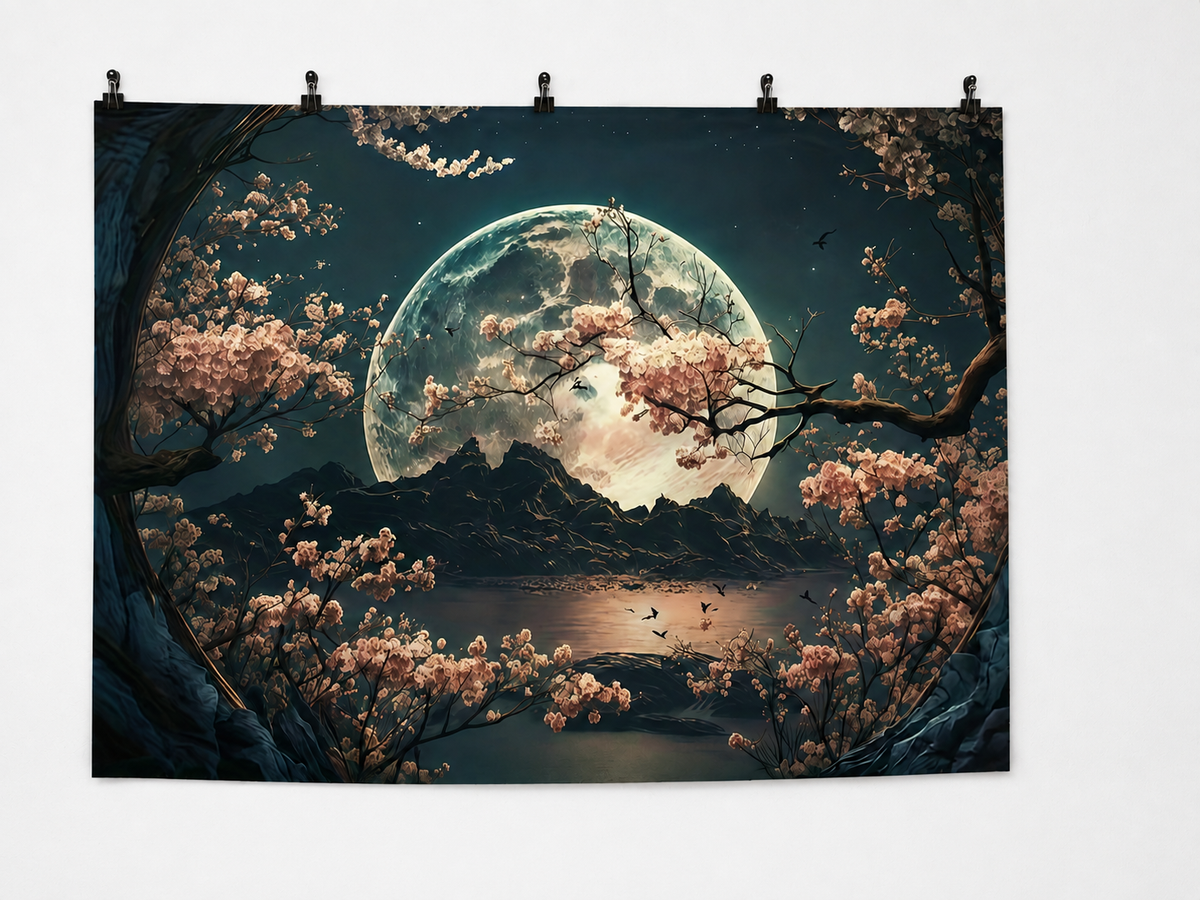 Moonlit Cherry Blossom Landscape printed polyester backdrop, shown at244 x183cm with straight-cut unhemmed edges and wall clips. Flat printed scenery; accessories not included.