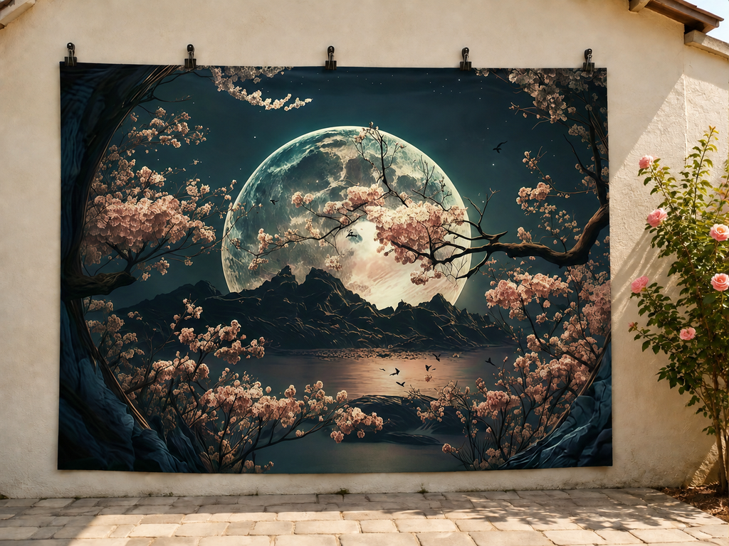 Moonlit Cherry Blossom Landscape printed polyester backdrop, shown at244 x183cm with straight-cut unhemmed edges and wall clips. Flat printed scenery; accessories not included.
