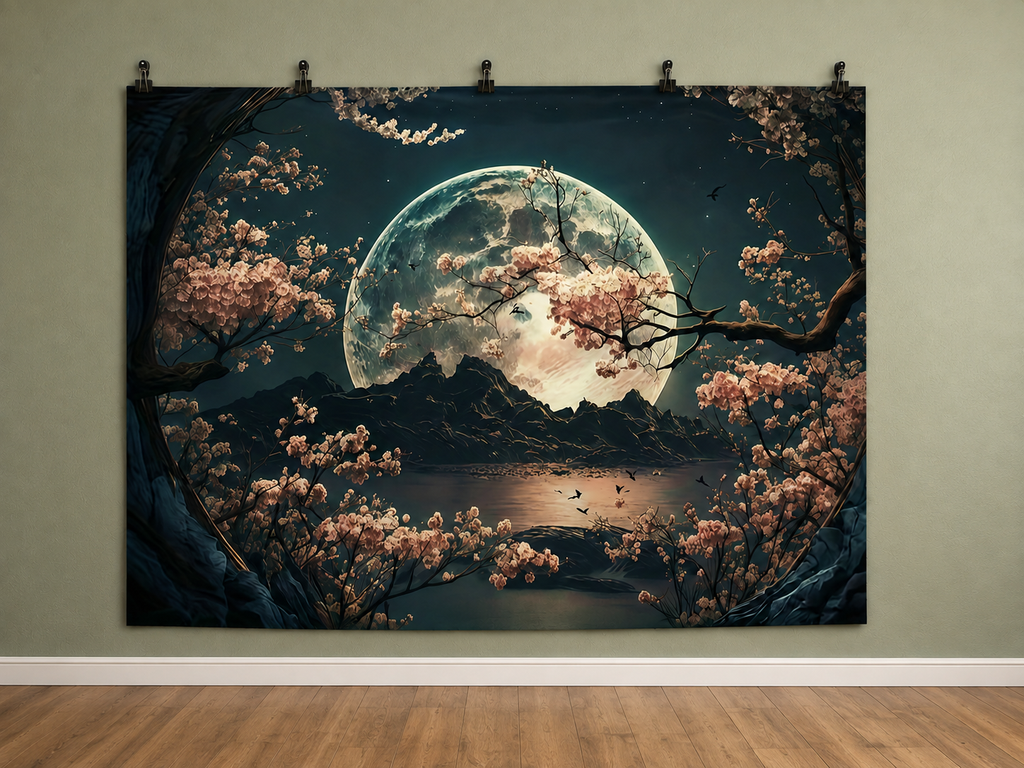 Moonlit Cherry Blossom Landscape printed polyester backdrop, shown at244 x183cm with straight-cut unhemmed edges and wall clips. Flat printed scenery; accessories not included.