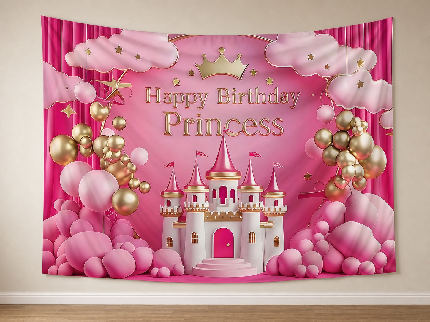 Pink Princess Castle Birthday Backdrop displayed on a home wall