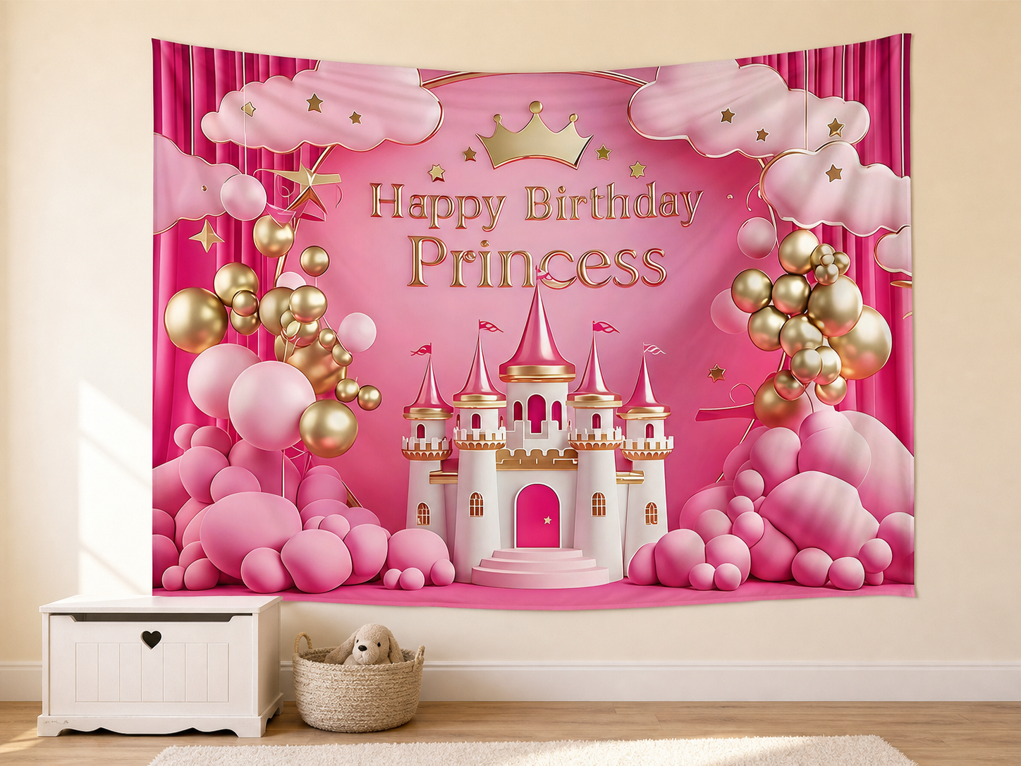 Pink Princess Castle Birthday Backdrop in a realistic home setting