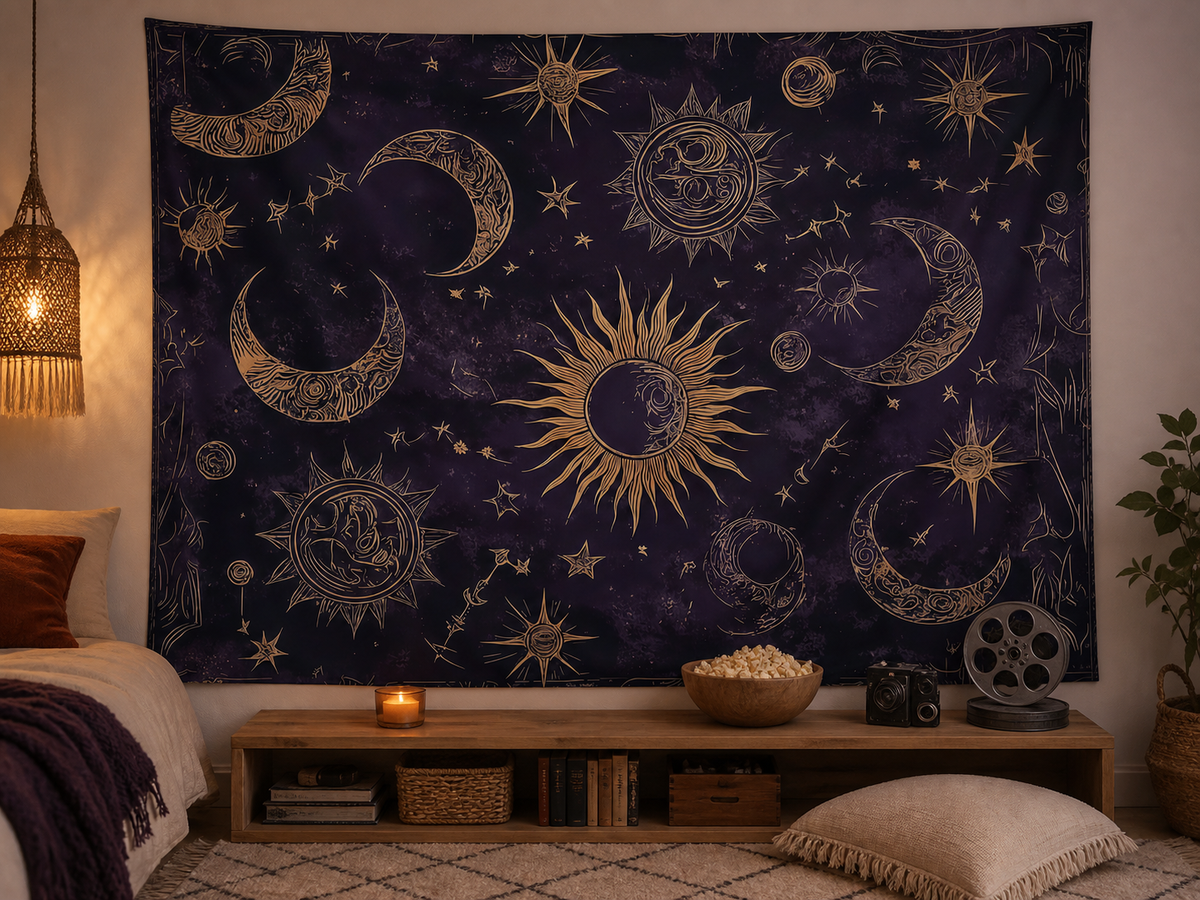 Bohemian Sun Moon Star Tapestry Backdrop bedroom