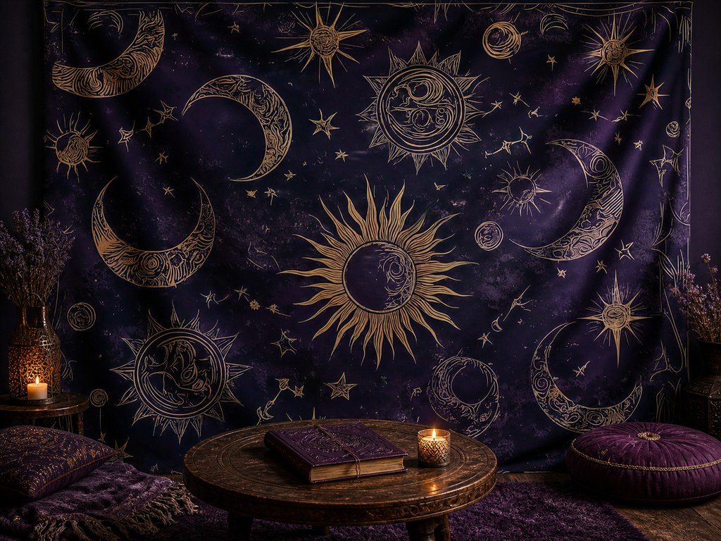 Bohemian Sun Moon Star Tapestry Backdrop meditation nook