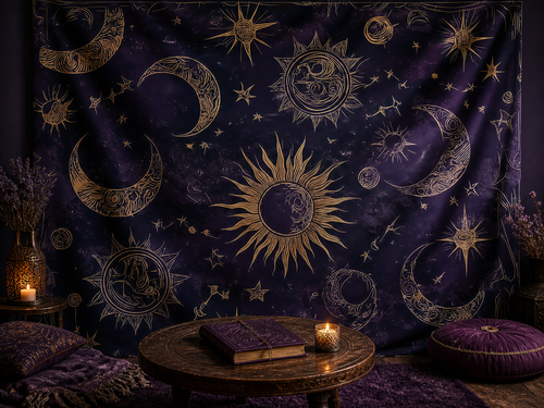 Bohemian Sun Moon Star Tapestry Backdrop meditation nook