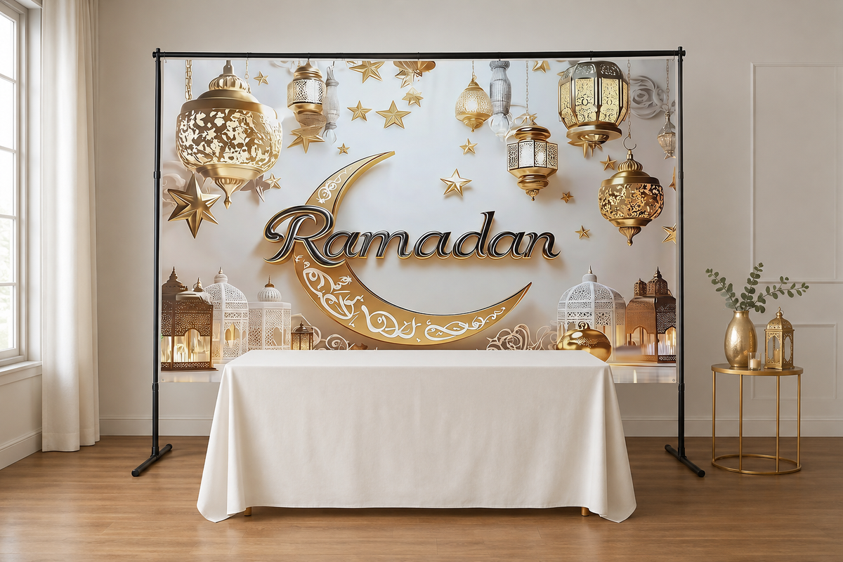 Gold Ramadan Lantern Backdrop in event studio