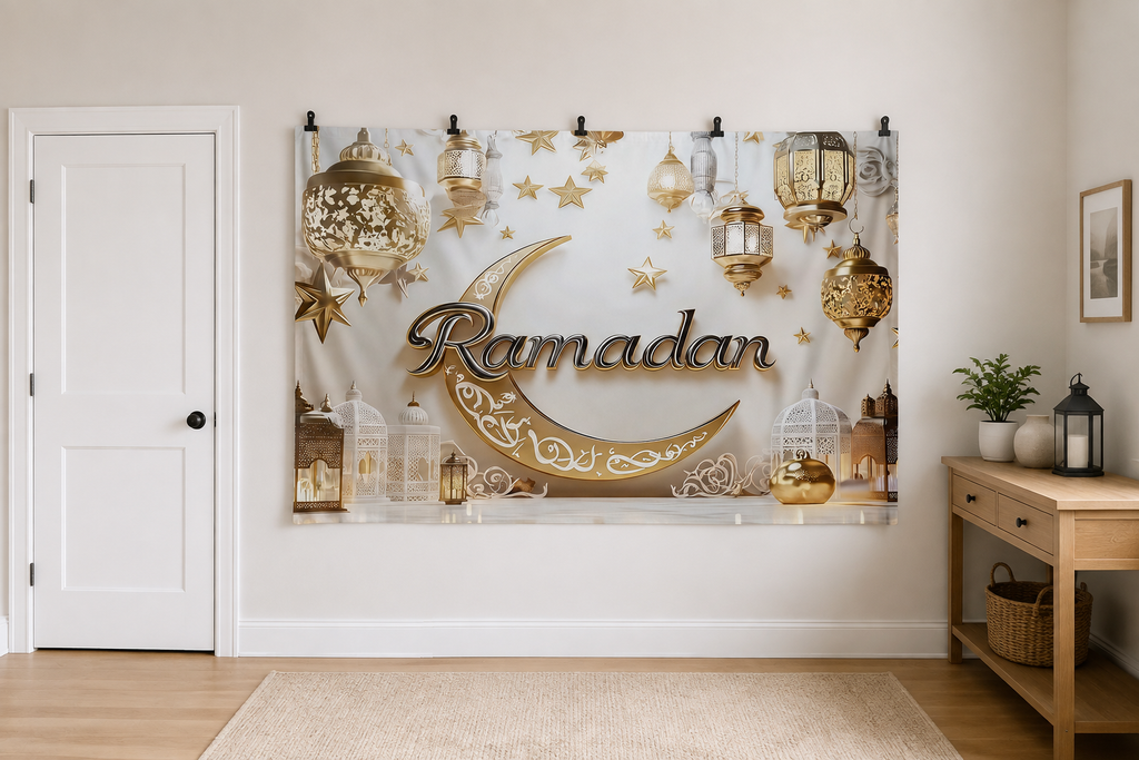 Gold Ramadan Lantern Backdrop clipped directly to wall
