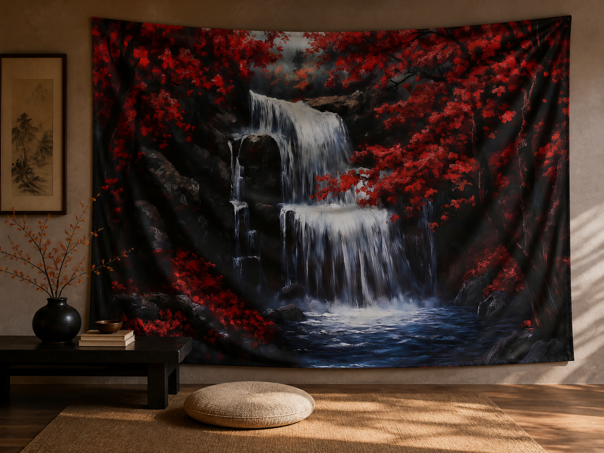 Red Maple Waterfall Landscape Tapestry Backdrop meditation display