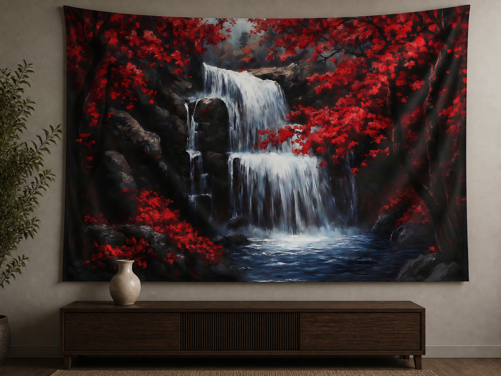 Red Maple Waterfall Landscape Tapestry Backdrop living-room display