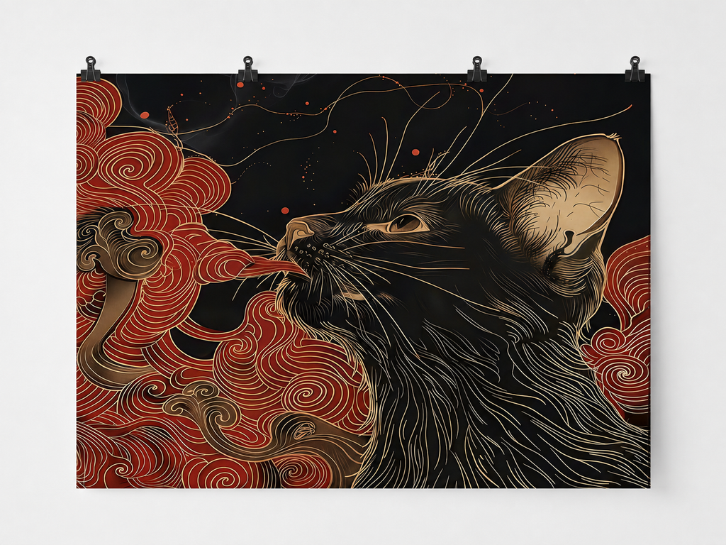Black Cat and Red Clouds Gold Line Art Backdrop — complete flat printed design; accessories not included
