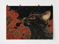 Black Cat and Red Clouds Gold Line Art Backdrop — complete flat printed design; accessories not included