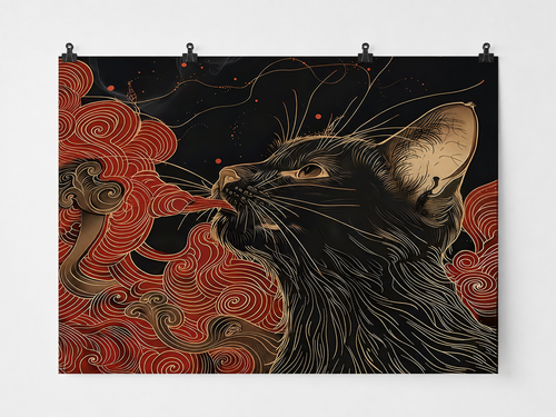 Black Cat and Red Clouds Gold Line Art Backdrop — complete flat printed design; accessories not included
