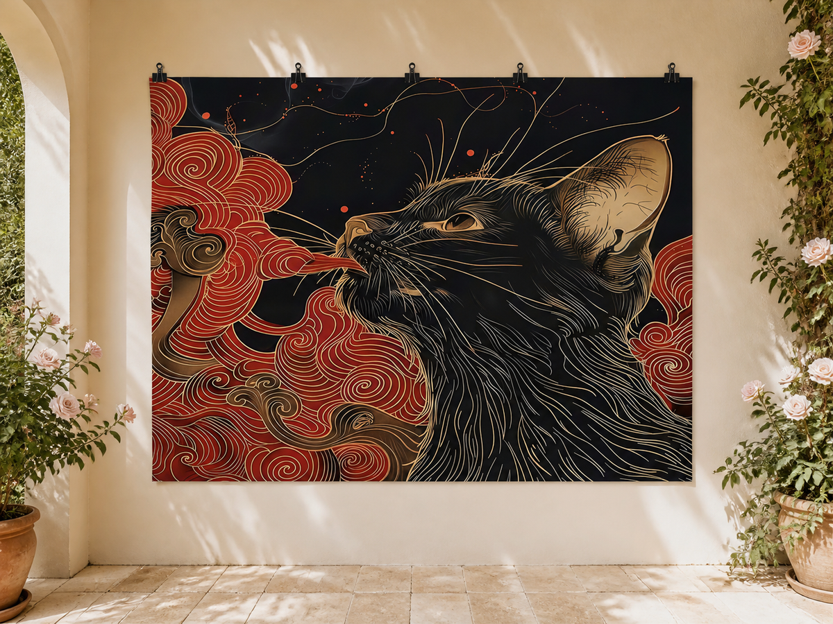 Black Cat and Red Clouds Gold Line Art Backdrop — temporary dry outdoor wall-clip display; accessories not included