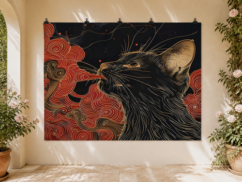 Black Cat and Red Clouds Gold Line Art Backdrop — temporary dry outdoor wall-clip display; accessories not included