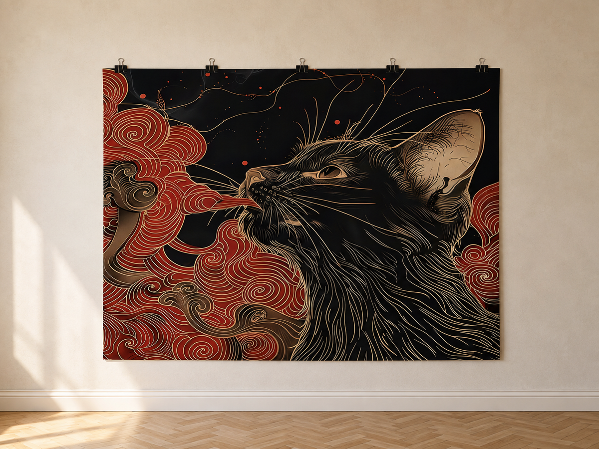 Black Cat and Red Clouds Gold Line Art Backdrop — indoor wall-clip display; accessories not included