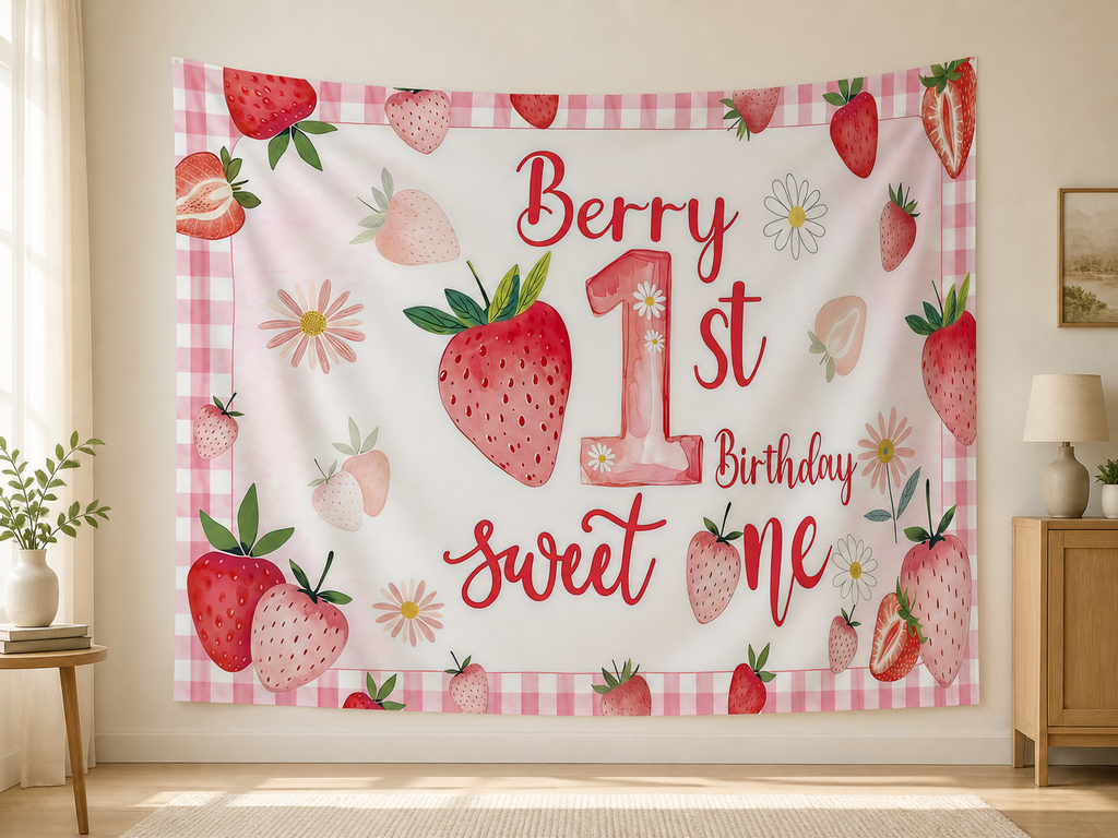 Strawberry First Birthday Backdrop indoor application scene