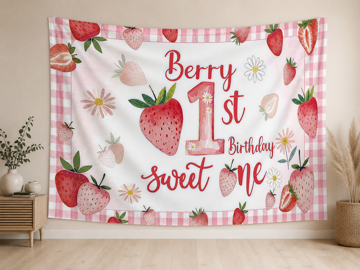 Strawberry First Birthday Backdrop indoor application scene