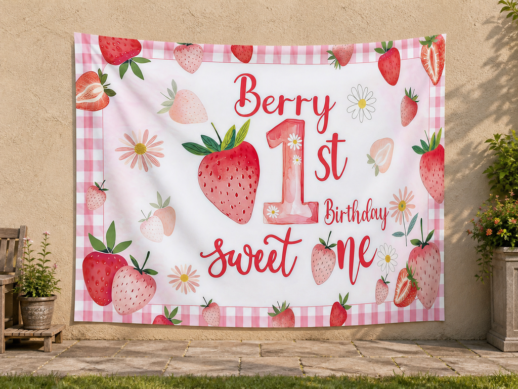 Strawberry First Birthday Backdrop garden application scene