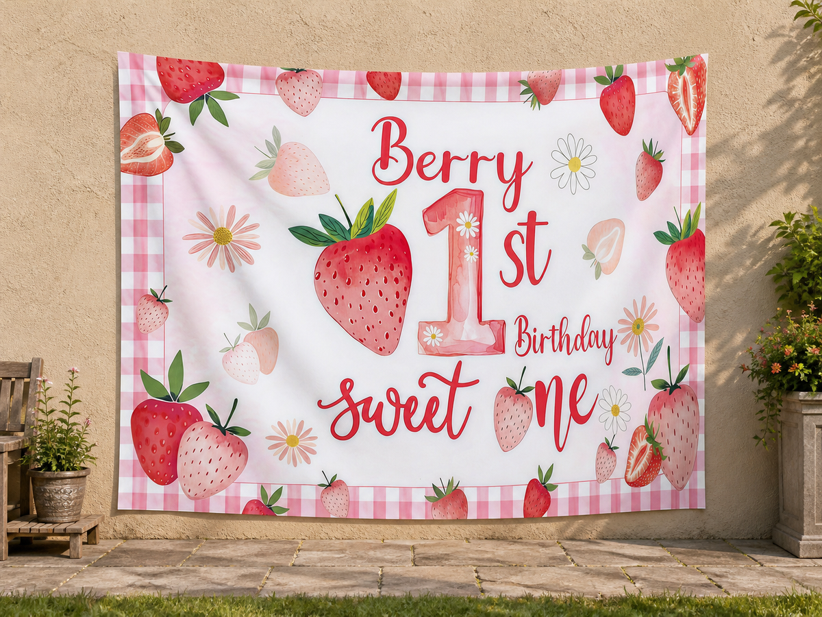 Strawberry First Birthday Backdrop garden application scene