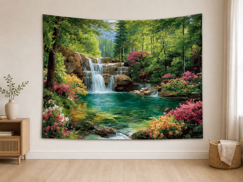 Forest Waterfall Garden Tapestry Backdrop indoor application scene