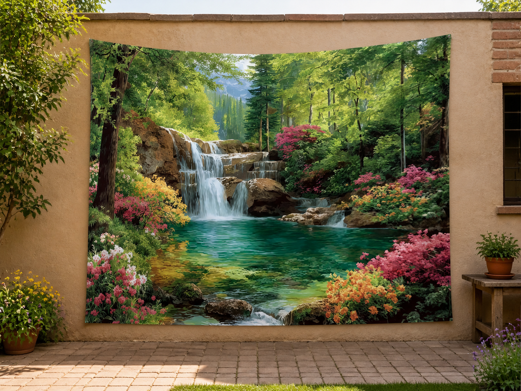 Forest Waterfall Garden Tapestry Backdrop garden application scene