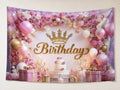 Pink Rose Crown Birthday Backdrop displayed on a home wall
