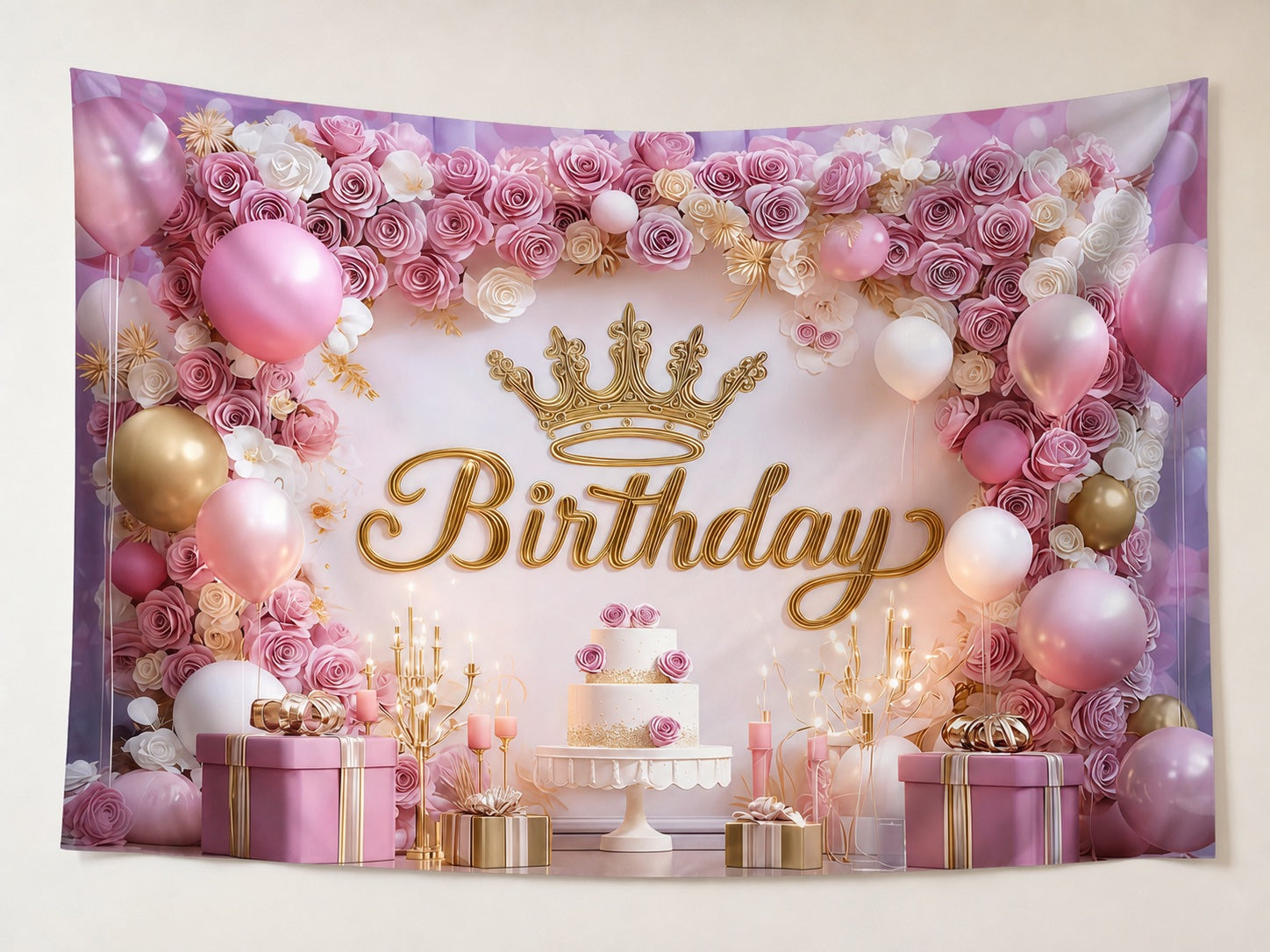 Pink Rose Crown Birthday Backdrop displayed on a home wall