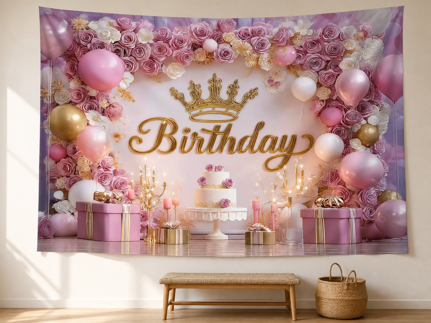 Pink Rose Crown Birthday Backdrop in a realistic home setting