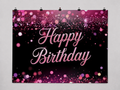Pink and Purple Birthday printed polyester backdrop, shown at244 x183cm with straight-cut unhemmed edges and wall clips. Flat printed scenery; accessories not included.